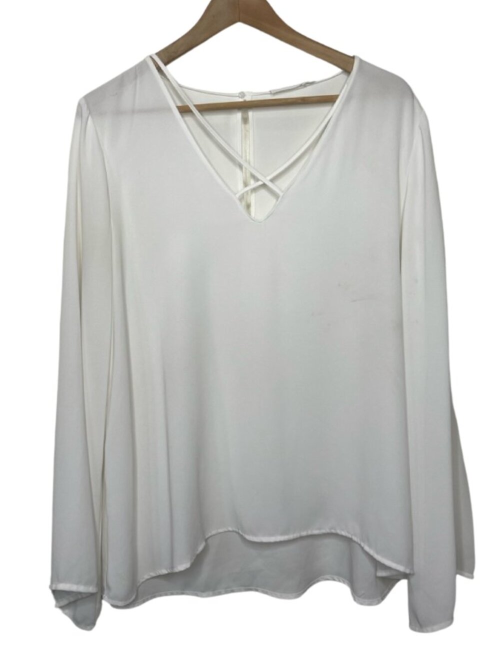 LUSH Flowy White Chiffon Crisscross V-Neck Bell Sleeve Blouse Top Large